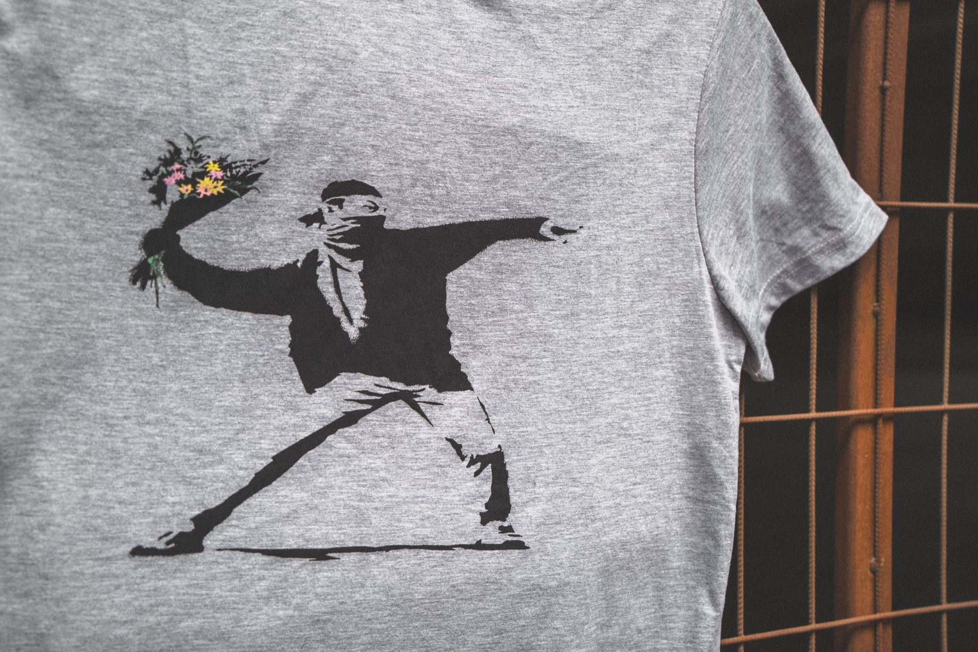 Flower Thrower Gray T-Shirt - Banksy Art Shop