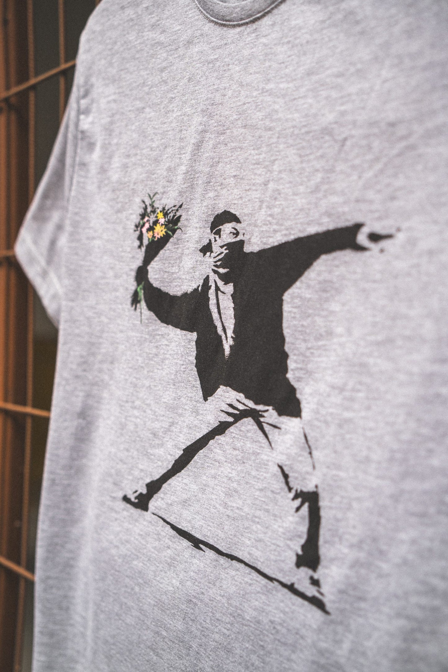 Flower Thrower Gray T-Shirt - Banksy Art Shop